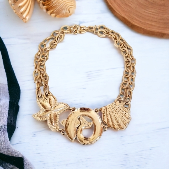 Vintage Diane Von Furstenberg Couture Gold Tone Nautical Statement Necklace - Picture 2 of 14